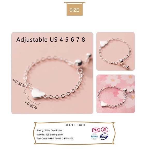 Ring heart chain 925 genuine adjustable womens - Picture 4 of 8